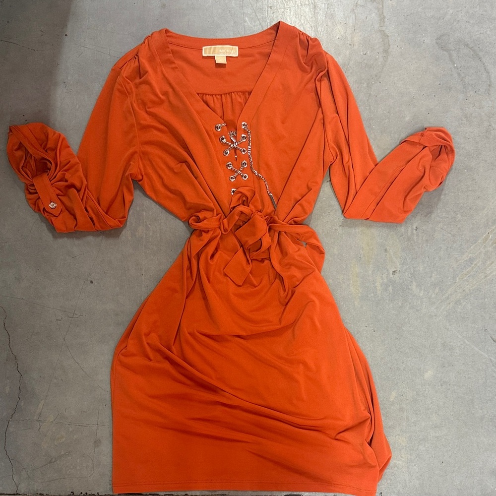 Michael Kors Rust Orange Lace-Up Tie Waist Long Sleeve Dress